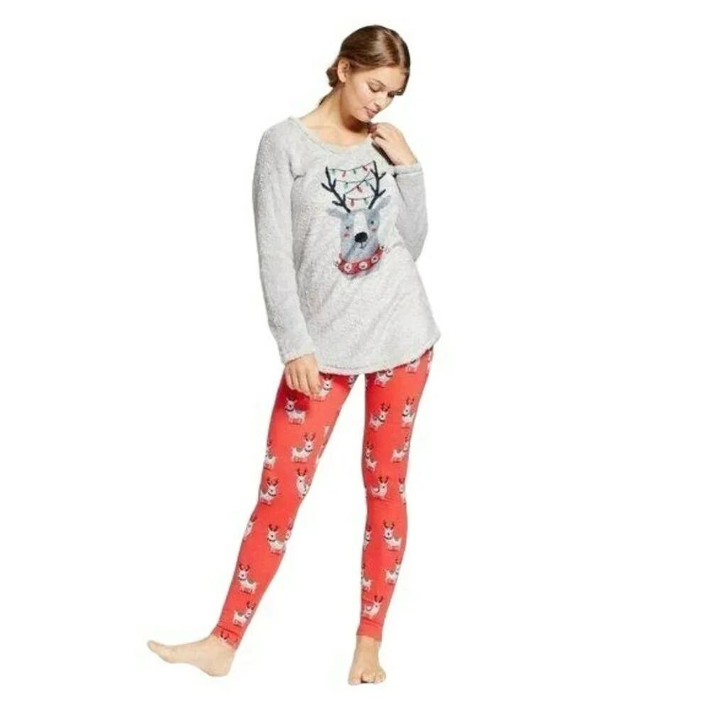 Munki Munki Pajama Set Reindeer Fleece Long Sleeve Leggings Sleepwear Large